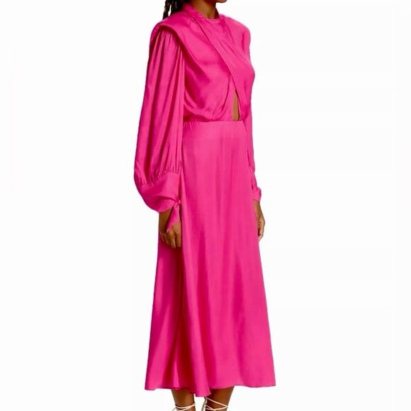 SOLD FARM Rio Pink Shoulderpads Maxi Dress Satin Like Cutout Size XL - Picture 6 of 15